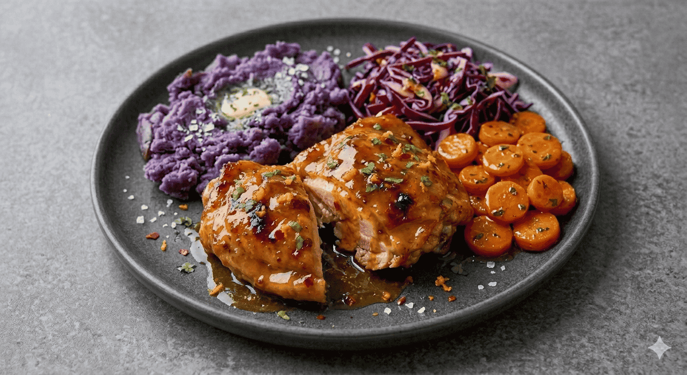 A chef-crafted orange glazed chicken meal with vegetables